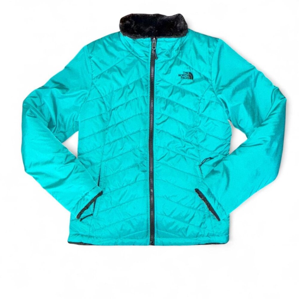 The North Face Reversible Black and Teal Faux Fur Puffer Jacket Women’s